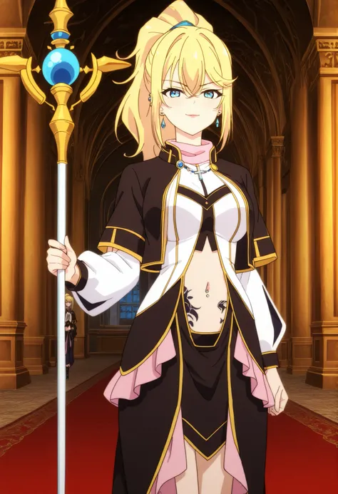 masterpiece,high quality,highres,8k,anime screencap,
1girl,blonde hair,long hair,ponytail,blue eyes,bare midriff,cleavage,detached sleeves,frilled dress,jewelry,necklace,black jacket,black capelet,pink frills,pink collar,navel cutout black skirt,white shir...