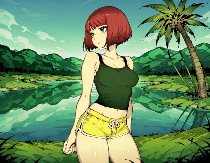 Source_anime, fishine style, 1girl, solo, redhead BREAK
Short hair, red hair, bob_cut, bangs, green eyes, medium breasts BREAK
Black tank top, navel, collarbone, yellow shorts , dolphin shorts BREAK
Looking at side, cute smile, , standing,
Outdoor...