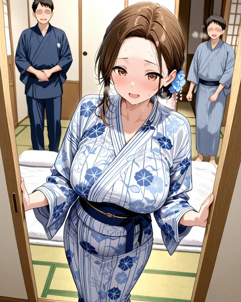 (surrounded by lots of guys)、standing in the teacher's house、patterned yukata、 Early pregnancy、married woman、Forehead、Ryokan、Tatami room、futon、pillow、excitement、sweat、Breathe