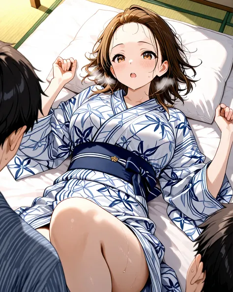 (surrounded by lots of guys)、bust up、dynamic angle、close-up、patterned yukata、 Early pregnancy、married woman、Forehead、Ryokan、Tatami room、futon、pillow、excitement、sweat、Breathe
