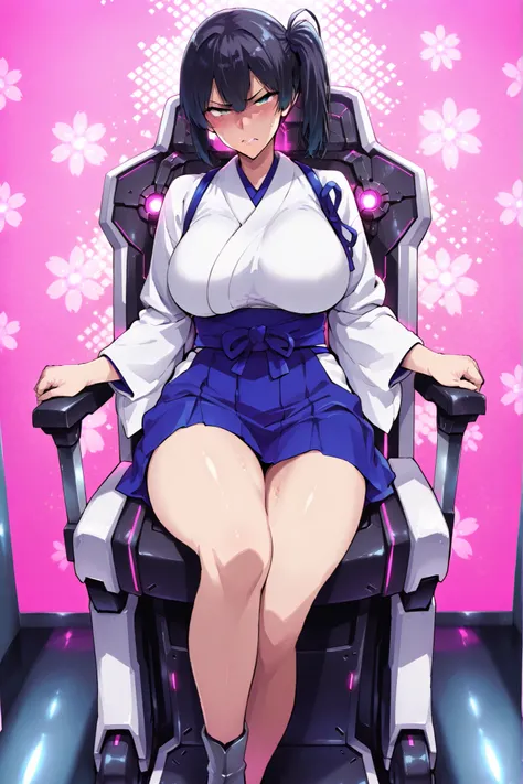 Kaga KanColle. Black hair. Side ponytail. Glaring. Japanese kimono. White costume. Blue skirt. Large breasts. Restraint chair. Mechanical chair. Pink screen background. Pink glowing tube.