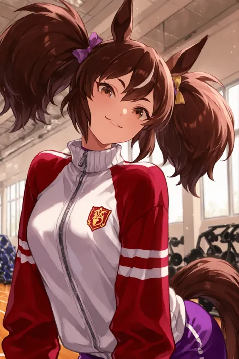 A young anime-style character Inari One with an expressive face stands indoors, possibly a gym or training area. Ela tem grande, bright brown eyes and your hair is arranged in voluminous double tails, with each section protected by a yellow ribbon. Notavel...