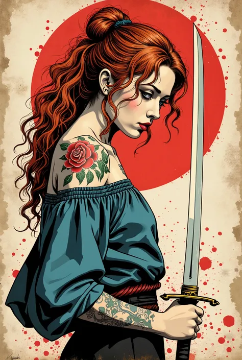 Young western samurai woman. She looks down seriously. Vista de lado. The body is effectively curved. seios pequenos. Shoulders are thrown back. The arms are loosely lowered along the body. The head is slightly turned to the observer. long curly red hair m...