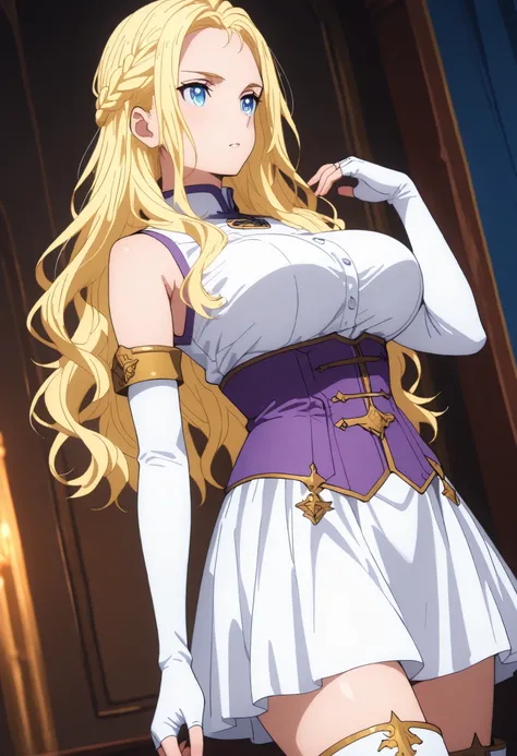 solo, ushio kofune, long hair, wavy hair, blond hair, big breast, braid, blue eyes, in a castle, medieval noble, medieval princess, sleeveless top, white gloves, elbow gloves, Fingerless Gloves, white skirt, white boots, purple corset, white thigh boots, w...