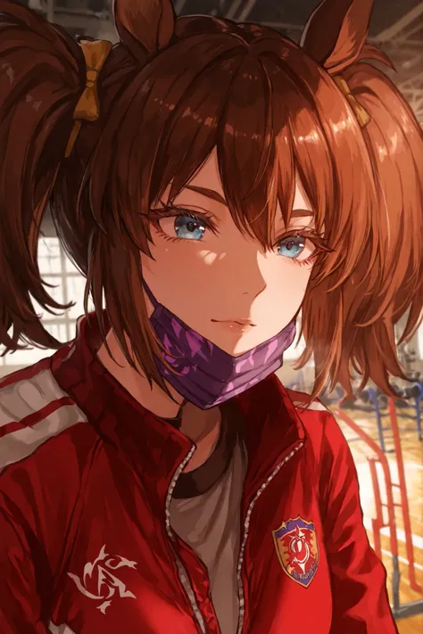 A vibrant anime character Inari one confidently wears a shiny fit, Open space, suggesting an indoor environment, , probably a sports gym or a training area. She has impressive brown hair styled in large, voluminous hair shaped like two ponytails, accented ...