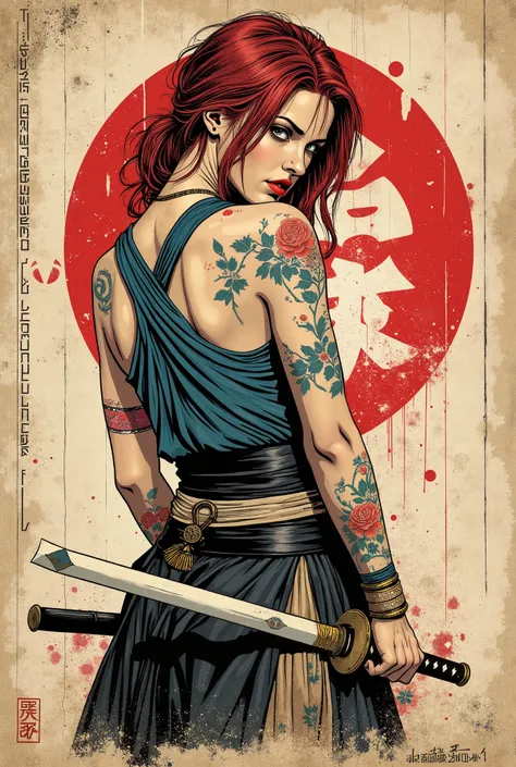 Young western samurai woman. She looks down seriously. vista de frente. The body is effectively curved. seios pequenos. Shoulders are thrown back. The arms are loosely lowered along the body. The head is slightly turned to the observer. cabelos longos, cac...