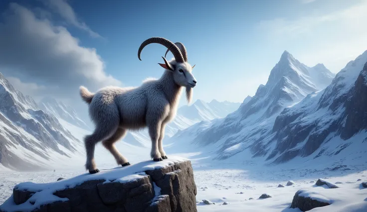 Dramatic winter landscape in 16:9 with a solitary mountain goat posing heroically on a snow-covered rock, steam coming out of your nostrils in the freezing air, towering mountains in the background with glaciers, deep blue sky with layered clouds, detailed...
