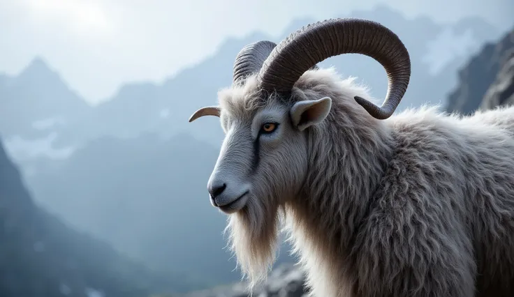 Side close up of a powerful alpine goat in 16:9, dense, wavy coat covered with ice crystals, penetrating and determined look, blurry snowy mountains in the background, cold and mysterious atmosphere, soft mist, professional photographic quality
