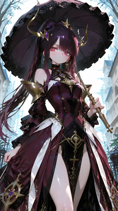 Battle mage_neopresencia,,Dream Vision,Outstanding Works,Slightly realistic, excellent quality , Very Beautiful, 超high resolution, high resolution,anime style.2/4 Character, Gothic Lolita girl, High double ponytail hairstyle, Hair colour: fading from dark...