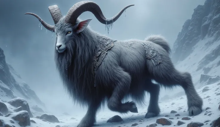 dramatic portrait of a mountain faun in 16:9, noble features half human half goat, pointed beard with ice crystals, penetrating and mystical eyes, dense coat on legs and shoulders, majestic horns decorated with ancient frozen runes, soft snowstorm in the b...