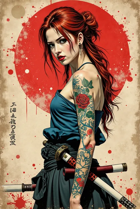 Young western samurai woman. She looks down seriously. vista de frente. The body is effectively curved. seios pequenos. Shoulders are thrown back. The arms are loosely lowered along the body. The head is slightly turned to the observer. cabelos longos, cac...