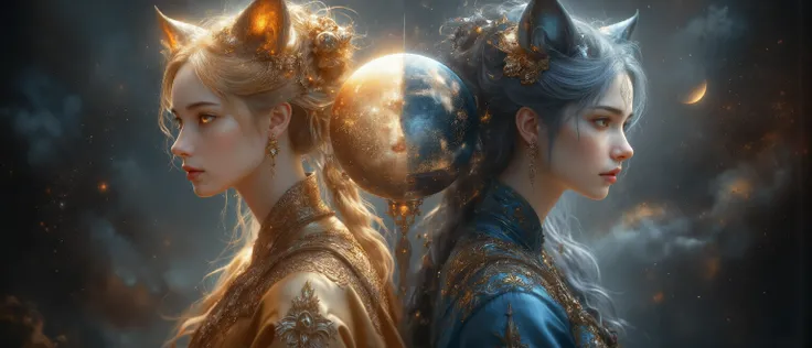 Epic painting High quality, masterpiece、Highest quality、masterpiece, Best quality, A large portrait of two fox spirit sisters, standing back to back in perfect symmetry,  
their faces are serene, but, dresses looking in opposite directions with unreadable,...