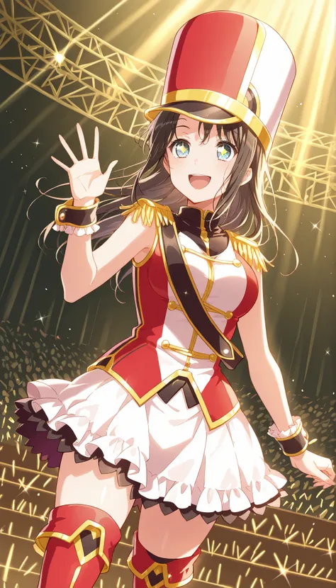 score_9, score_8_up, score_7_up, source_anime,solo, 1girl,<lora:Misaki_Okusawa:1>,Misaki Okusawa, ,kokorohhw, hhw skirt, hhw shako cap, hhw band uniform, hhw wrist cuffs, hhw thigh boots,long hair ,medium breast, rouge lips ,star pupils(gold star), open mo...