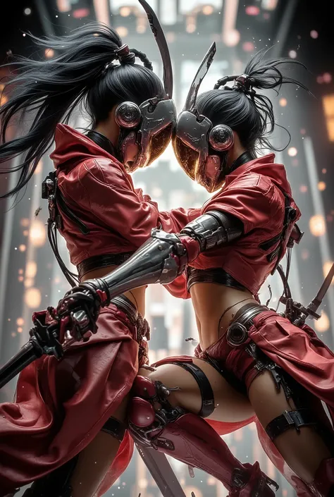 two female twin cyberpunk samurai robots fight shoulder to shoulder, motion dynamics, the whistle of a katana cutting through the air, robot faces with a mirrored protective mask, super-detailed helmets, flowing black hair, armor made of red leather, robot...