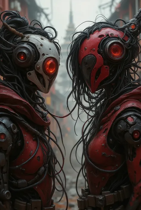 two female twin cyberpunk samurai robots fight shoulder to shoulder, motion dynamics, the whistle of a katana cutting through the air, robot faces with a mirrored protective mask, super-detailed helmets, flowing black hair, armor made of red leather, robot...
