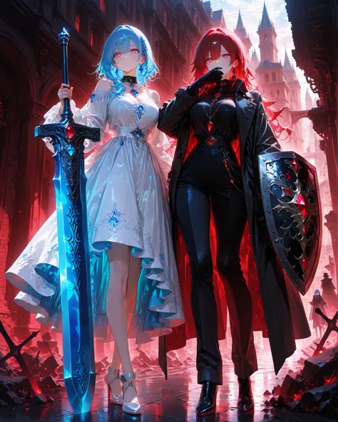 low front angle, (masterpiece, detailed image, 4K, vivid colors), two women standing next to each other:1.2, side by side:1.2, left side:{1Woman}:(a beautiful and attractive woman, long blue hair, with expressive rectangular red eyes, wearing black clothes...