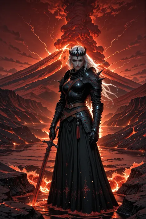 A hyperrealistic digital illustration of a woman standing on waves of lava under a bright black and red sky with scattered clouds and falling meteors. She has pale skin, long white hair, hollow-set, pitch-black eyes, and an almost demonic visage. She wears...