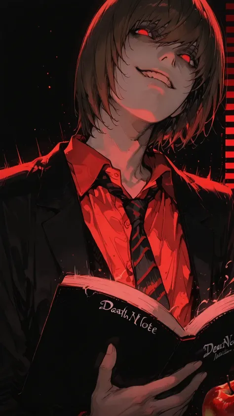 (score_9,score_8_up,score_7_up) LIGHT YAGAMI, DEATH NOTE, 1 MAN, EVIL SMILE ,), ,,extremely detailed,dynamic lighting,best quality,,,best quality,high quality,, , dynamic angle, , thick thighs, motion lines,, , solo, perfect eyes,,DETAIL,MASTERPIECE,,Expr...