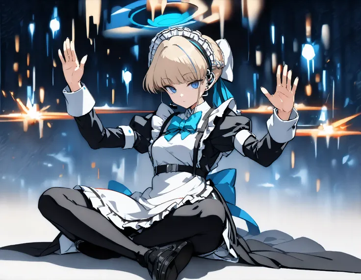 1girl,
toki, blond hair, blue eyes,blue archive,
maid clothes,
Serious Face,,
hokutoujouhaganken,Sitting,gameplay mechanics, fighting game,Indian Style,Character name,(Arm Up:0.5), (logo:1.4),
simple background,full body,
masterpiece, Highest Quality, Supe...