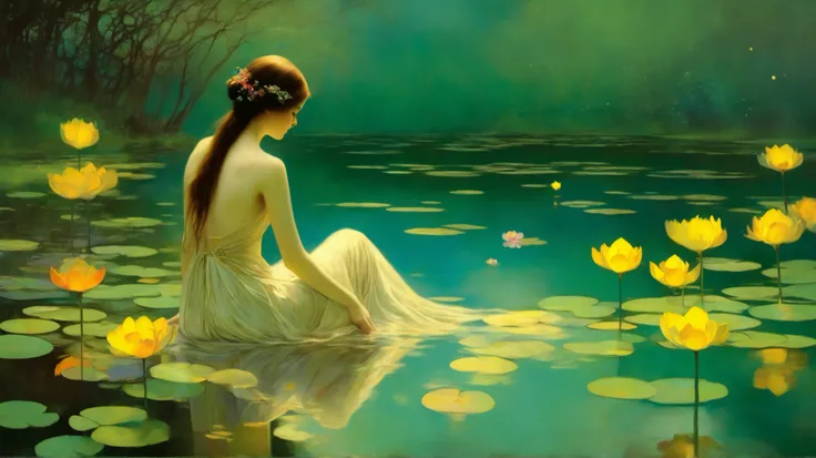 a woman sitting by a lake with her naked back turned to the camera refresh her feet in the water, she has a colorful yoke in her hip, the yoke dances in the water confunding with the acquatic flowers, surreal fantasy, detailed, intricate, starlit, vivid c...
