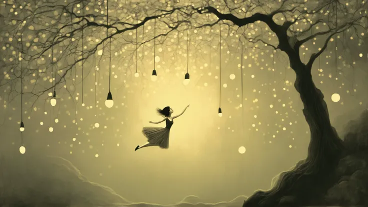 girl, jump string, gardem. surreal fantasy, Starlit, dreamy mood, fine brushstrokes, Stephen Mackey´s and M. W. Kaluta´s whimsical painting depicting, dramatic light, high contrast with patterns.