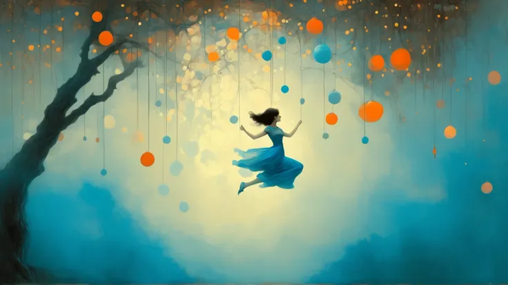 girl, jump string, gardem. surreal fantasy, Starlit, dreamy mood, fine brushstrokes, vivid colors, Stephen Mackey´s and M. W. Kaluta´s whimsical painting depicting, dramatic light, high contrast with patterns. color palette: Maximum Blue, Battery Charged...