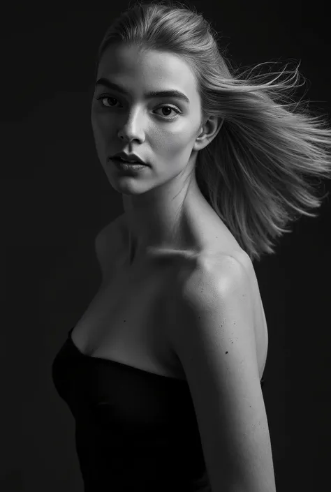 An elegant black-and-white photograph captures a girl with long, flowing hair cascading dramatically around her. Her exposed shoulders are visible, highlighting her smooth skin and graceful posture. The lighting accentuates the texture of her hair, creatin...