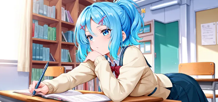 ice-blue hair, blue eyes, school uniform, ponytail with a hairpin, writing a book