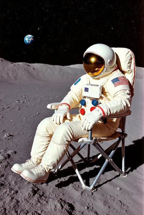An astronaut in a vintage space suit from the 70s, creamy white with red and blue details, is sitting nonchalantly on a folding chair made of aluminum and canvas. Its combination is voluminous with visible rigid joints, a bubble helmet characteristic of th...