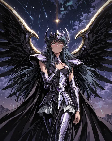 front angle, {1woman}:(a beautiful and attractive woman, with a sensual body, expressive yellow eyes, short black hair, round face with round prescription glasses, wearing the sinister and elegant Saint Seiya Griffin Surplice, black with deep purple metall...