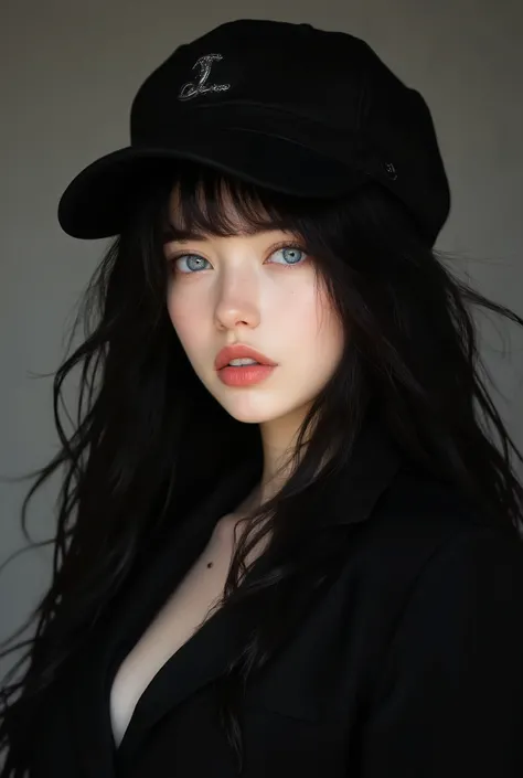 anime artwork (dark mood masterpiece Photography:1.2) a young woman with beautiful eyes, bold eyeliner  sensuous lips, cheeky expression, naughty, flirting, (smiling:0.65), wearing a black suit, back hat cap, long wavy hair, black hair, (fine erotic conten...