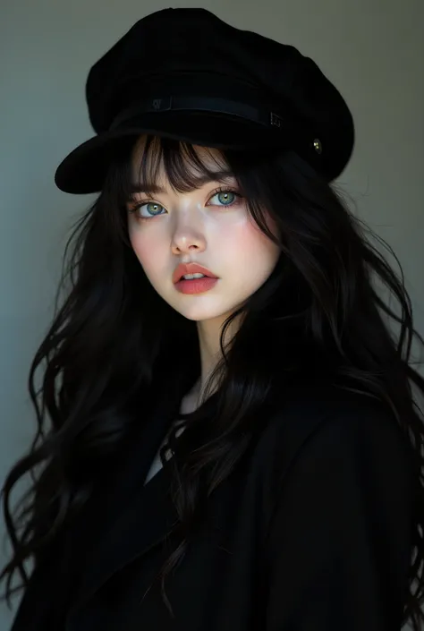 anime artwork (dark mood masterpiece Photography:1.2) a young woman with beautiful eyes, bold eyeliner sensuous lips, cheeky expression, naughty, flirting, (smiling:0.65), wearing a black suit, back hat cap, long wavy hair, black hair, (fine erotic conten...
