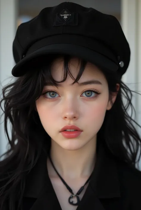 anime artwork (dark mood masterpiece Photography:1.2) a young woman with beautiful eyes, bold eyeliner sensuous lips, cheeky expression, naughty, flirting, (smiling:0.65), wearing a black suit, back hat cap, long wavy hair, black hair, (fine erotic conten...