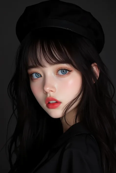 anime artwork (dark mood masterpiece Photography:1.2) a young woman with beautiful eyes, bold eyeliner sensuous lips, cheeky expression, naughty, flirting, (smiling:0.65), wearing a black suit, back hat cap, long wavy hair, black hair, (fine erotic content...
