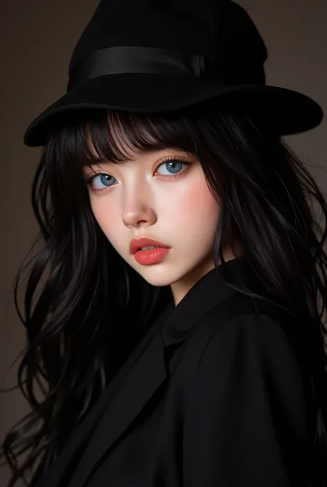 anime artwork (dark mood masterpiece Photography:1.2) a young woman with beautiful eyes, bold eyeliner sensuous lips, cheeky expression, naughty, flirting, (smiling:0.65), wearing a black suit, back hat cap, long wavy hair, black hair, (fine erotic content...