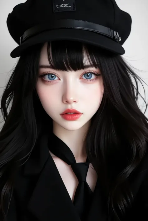 anime artwork (dark mood masterpiece Photography:1.2) a young woman with beautiful eyes, bold eyeliner sensuous lips, cheeky expression, naughty, flirting, (smiling:0.65), wearing a black suit, back hat cap, long wavy hair, black hair, (fine erotic content...