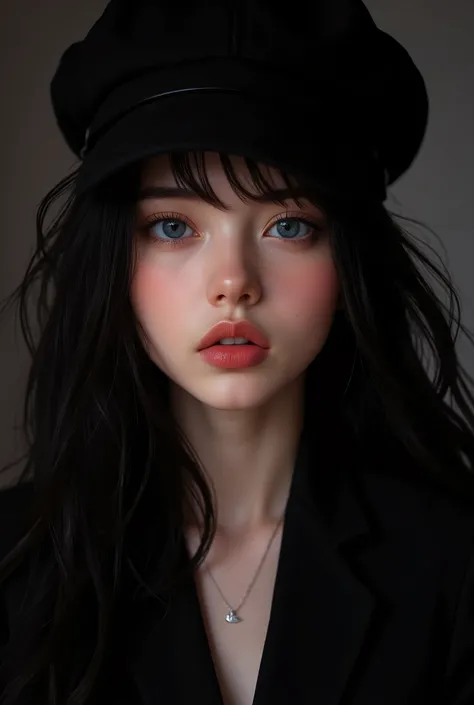 anime artwork (dark mood masterpiece Photography:1.2) a young woman with beautiful eyes, bold eyeliner sensuous lips, cheeky expression, naughty, flirting, (smiling:0.65), wearing a black suit, back hat cap, long wavy hair, black hair, (fine erotic content...