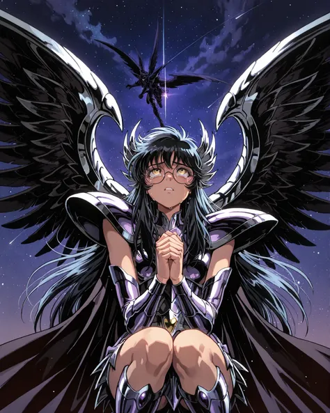 front angle, {1woman}:(a beautiful and attractive woman, with a sensual body, expressive yellow eyes, short black hair, round face with round prescription glasses, wearing the sinister and elegant Saint Seiya Griffin Surplice, black with deep purple metall...