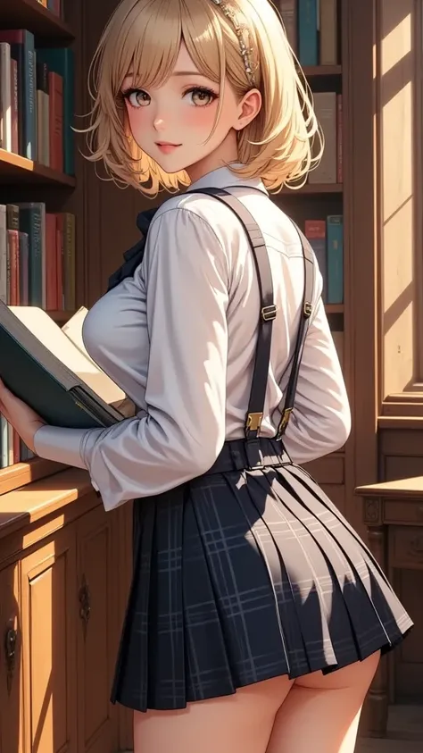  (masterpiece,    computer, mejor quality,    Clear focus, shadow, of the rays of God, ultra high resolution, 8K, anatomía perfecta, rostro perfecto, (detailed face), (detailed eye), score_9, score_8_above, score_7_above, score_6_above, score_5_above, score_4_above, kilde_ animated, Label 1, Label2, quality_masterpiece,  anatomically correct , beautiful face, rostro perfecto, Beautiful and highly detailed face and eyes,    Attractive Face   , detailed face, delicate facial features, bare shoulders, huge breasts, breast size cup D or DD, wide hips, gigantic butt, thick thighs. watching the viewer. fantastic environment. anime-style illustration with an elegant, slim build and pronounced bust, in a library. She has short blond hair with a light headband and wears a school outfit elegant with long sleeve blouse, suspenders and a dark plaid skirt. She is standing in front of a book rack, with an open book in her hands as she looks back with a curious and soft expression. The environment is warm and welcoming, with shelves full of books of different colors and sizes. The lighting is dim and golden, conveying a calm and detailed atmosphere. The artistic style is colorful, con shadows suaves y un acabado brillante que resalta los detalles en la ropa y el cabello.