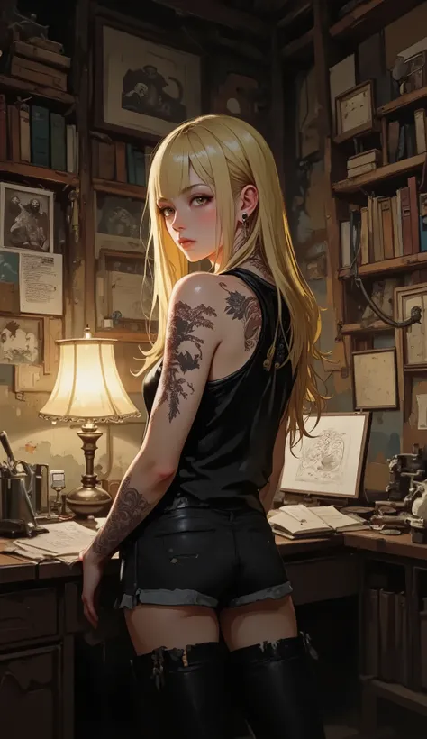 masterpiece、high quality、High Detail、Art、Background、 layered room 、Slim、數位Art、電影lamp、Long straight hair、 Blonde Hair、Avant-garde、 Sleeveless Vest&short jeans、背部Tattoo、Tattoo、earphone、 Blonde Hair美女、full body photo、Bare Shoulders、Study room、books、lamp、4K、8K...