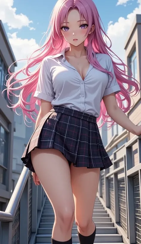  (masterpiece,    computer, mejor quality,    Clear focus, shadow, of the rays of God, ultra high resolution, 8K, anatomía perfecta, rostro perfecto, (detailed face), (detailed eye), score_9, score_8_above, score_7_above, score_6_above, score_5_above, score_4_above, kilde_ animated, Label 1, Label2, quality_masterpiece,  anatomically correct , beautiful face, rostro perfecto, Beautiful and highly detailed face and eyes,    Attractive Face   , detailed face, delicate facial features, bare shoulders, huge breasts, breast size cup D or DD, wide hips, gigantic butt, thick thighs. watching the viewer. fantastic environment. anime-style illustration with an elegant, slim build and pronounced bust, with long pink hair and school uniform. The scene is viewed from a low and dynamic angle, in an outdoor environment that looks like a school roof with metal railings and clear sky. The character wears a uniform blouse, short plaid skirt, knee-length black stockings and school shoes. Its posture is tilted forward, looking at the spectator with a mischievous and confident expression. The composition emphasizes the dynamism of the pose, with soft light details, shadows realistas y un acabado digital brillante típico de ilustraciones modernas de anime.