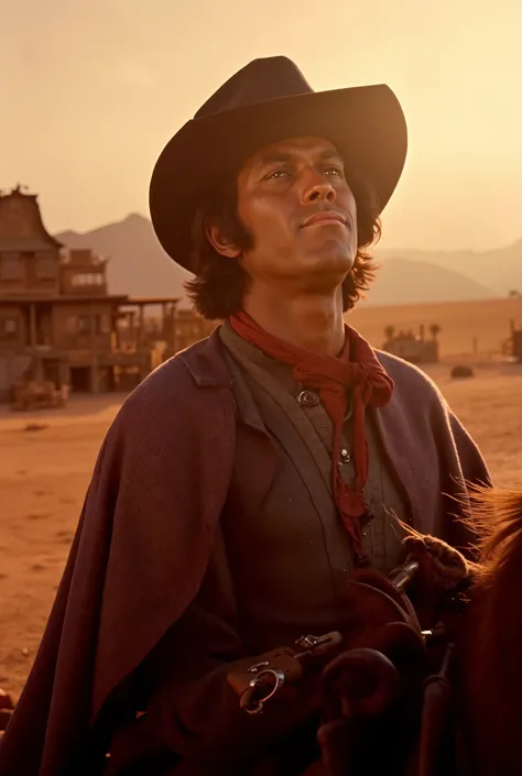 Un cow-boy imposant, la cinquantaine, creating an atmospheric halo, warm palette in shades of sepia. Son chapeau Stetson noir projette une ombre dramatique sur ses yeux perçants. with a chiselled and charismatic face, a red scarf tied around the neck. his ...