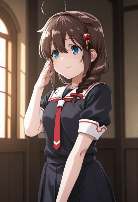 UmakuchiSyouyu ,masterpiece, Highest Quality, very aesthetic, anime, high quality, detailed background, 1girl, shigure_kancolle,
 Sigure _ship this, School Uniform, sailor suit, single braids, stupid hair, brown hair, blue eyes, braids, hair ornaments,
, D...