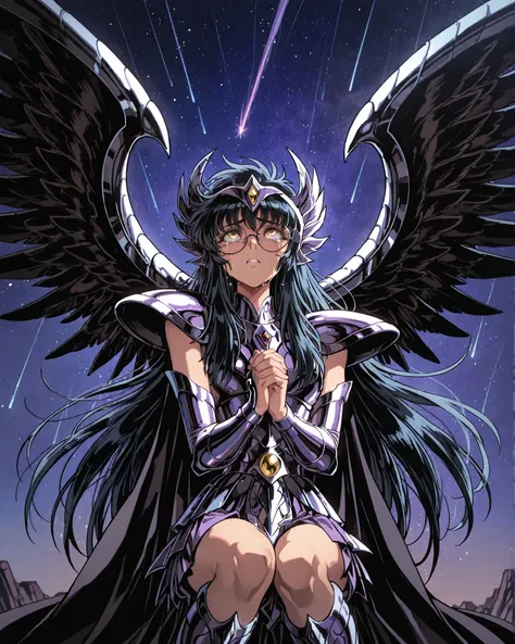 front angle, {1woman}:(a beautiful and attractive woman, with a sensual body, expressive yellow eyes, short black hair, round face with round prescription glasses, wearing the sinister and elegant Saint Seiya Griffin Surplice, black with deep purple metall...