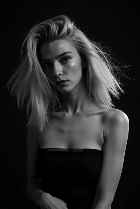 An elegant black-and-white photograph captures a girl with long, flowing hair cascading dramatically around her. Her exposed shoulders are visible, highlighting her smooth skin and graceful posture. The lighting accentuates the texture of her hair, creatin...