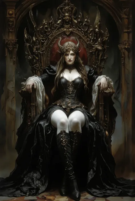 
A picture of darkness，Gothic，full body photo, A beautiful woman.Standing fantasy background，white leggings，green eyes on the throne, her porcelain-white skin，