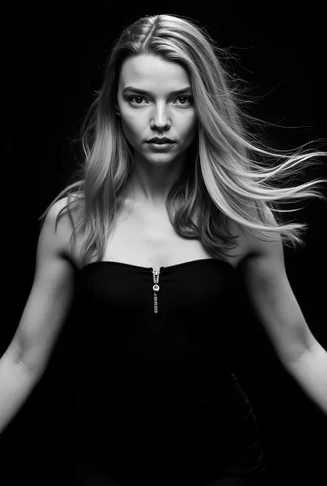 An elegant black-and-white photograph captures a girl with long, flowing hair cascading dramatically around her. Her exposed shoulders are visible, highlighting her smooth skin and graceful posture. The lighting accentuates the texture of her hair, creatin...