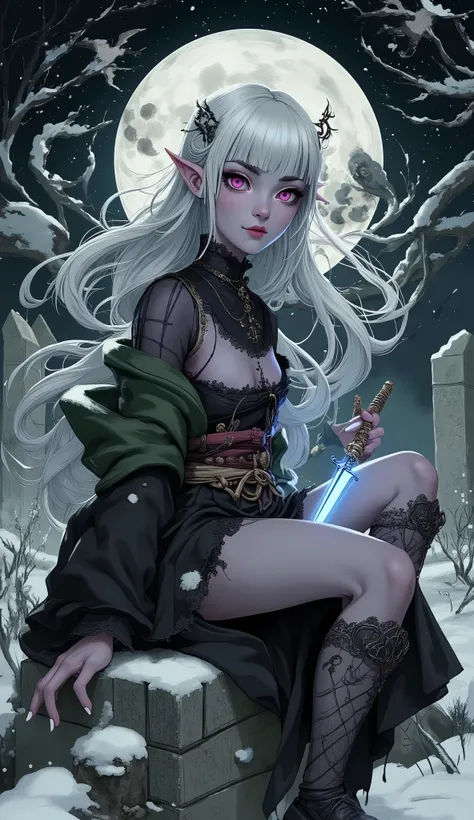(A fusion of Ukiyo-e and dark fantasy. Aesthetic and gothic digital art. Draw a detailed face. Look away.) BREAK
(Transparent white hair. Blunt bangs. White eyebrows. Long white eyelashes. Almond-shaped eyes. Lavender-colored eyes. Thick, dark eyeliner. S...