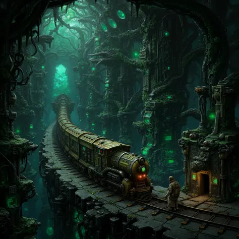 a steampunk pain train traveling through a Vast biomechanical megastructure with pulsing organic walls, infinite corridors of living metal intertwined with crystalline nervous systems, cosmic-scale flesh-machinery fusion stretching beyond comprehension, bi...