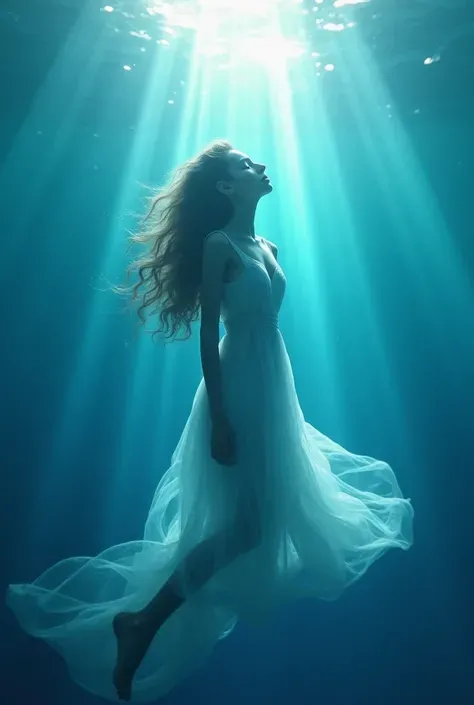 Underwater girl, Close your eyes, Quietly suspended，The dress floats like a jellyfish. The sunlight beam passes through the waves. in realistic digital painting，has a soft surreal feel. the blue spectrum dominates, Ray-traced caustics, The transparency of ...